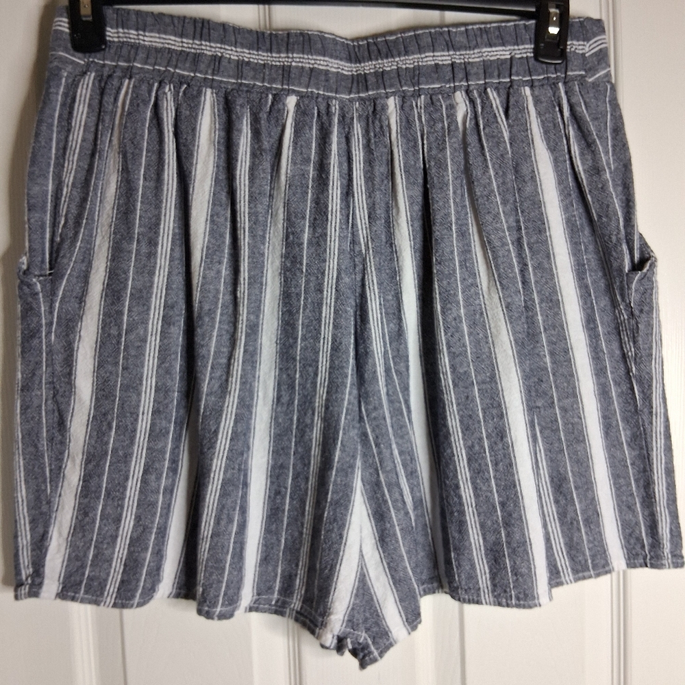 Striped High Waist Pull On Linen Blend Shorts - Navy & White SZ 14W - Picture 7 of 7